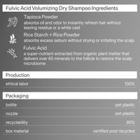 Infographic describing ingredients, production and packaging of Act+Acre Fulvic Acid Volumizing Dry Shampoo