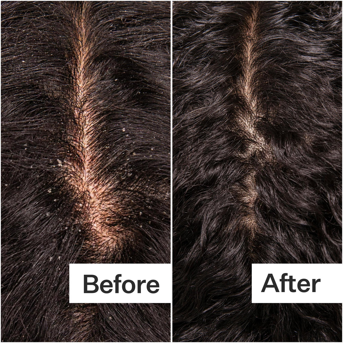 Before and after comparison of hair texture on a black background