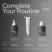 Three scalp care products with labels on a gray background, featuring text 'Complete Your Routine'.