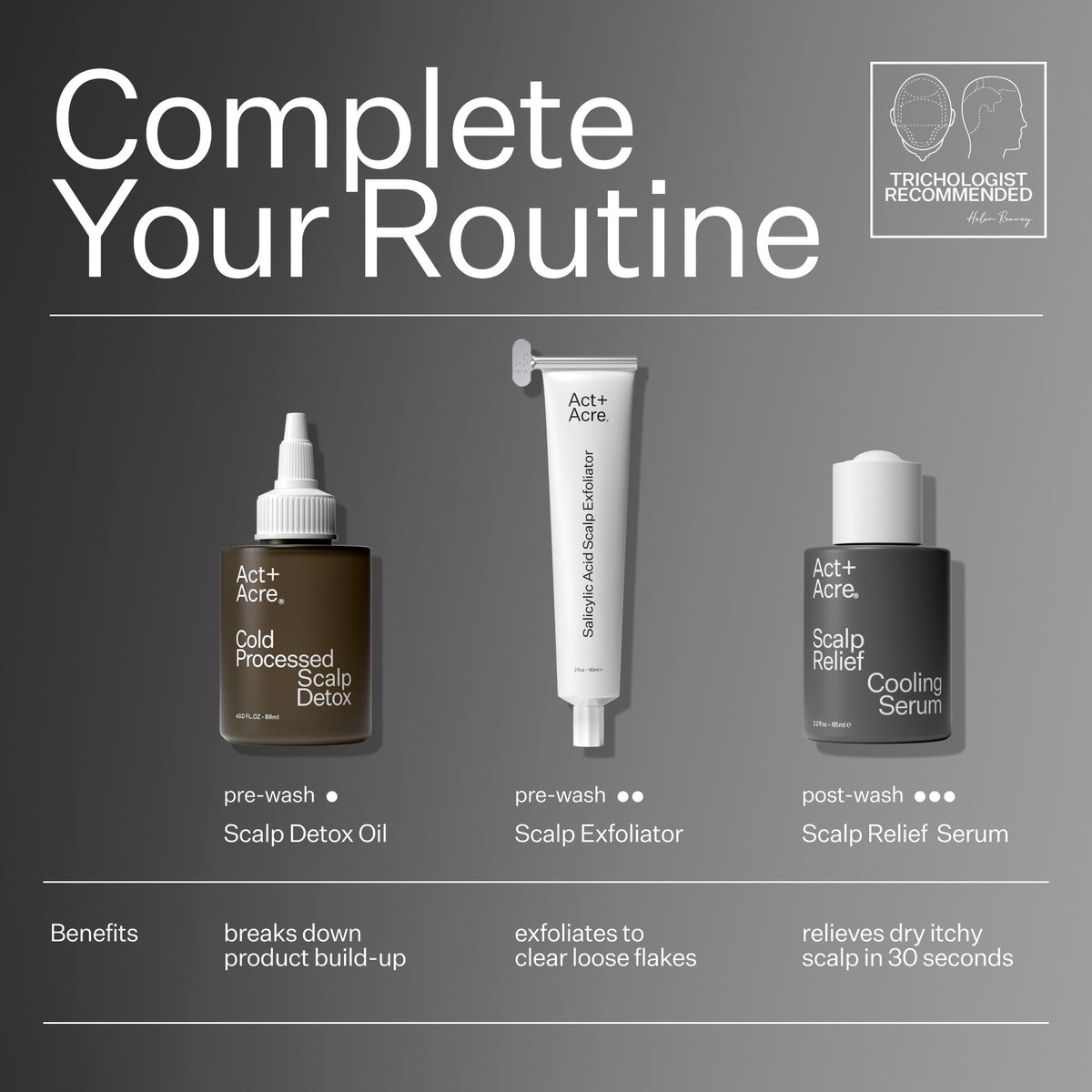 Three scalp care products with labels on a gray background, featuring text 'Complete Your Routine'.
