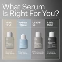 Scalp serum products with labels for different needs on a gray background