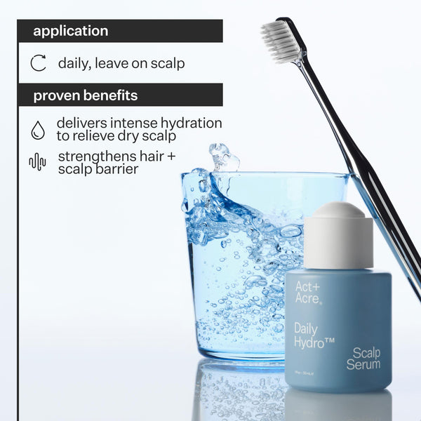 Infographic explaining the application and benefits of Act+Acre Daily Hydro™ Scalp Serum