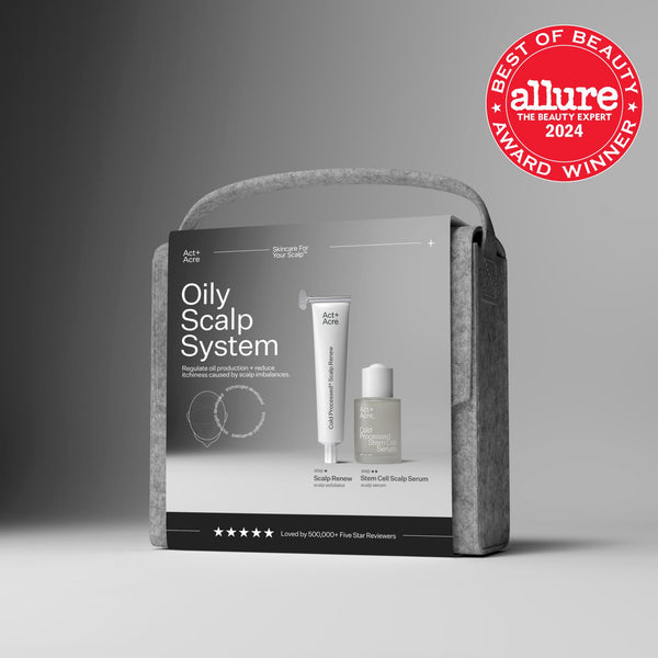 Act+Acre Oily Scalp System gift set displayed in a gray felt case, featuring the Scalp Renew + Stem Cell products, with an Allure Best of Beauty 2024 award badge.