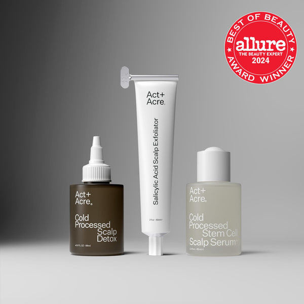 Three scalp care products from Act+Acre with an Allure Best of Beauty 2024 award badge on a gray background.