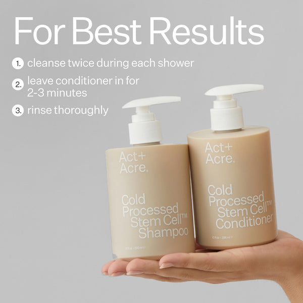 Infographic of how to achieve the best results when using  Act+Acre's Stem Cell Shampoo and Conditioner