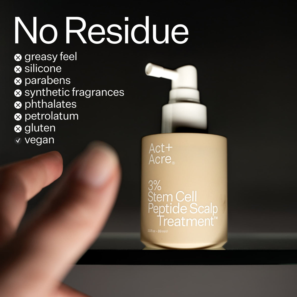 No residue description with hand reaching towards close up image of Act+Acre product 