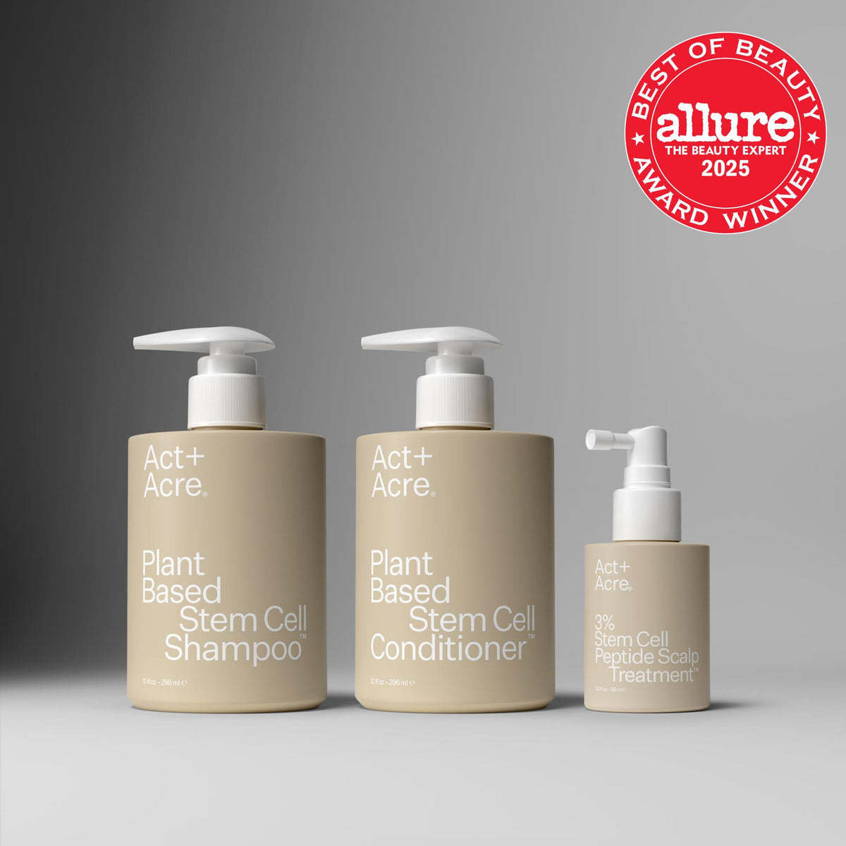 Three bottles of Act+Acre plant-based stem cell hair care products with a 'Best of Beauty' Allure award badge.